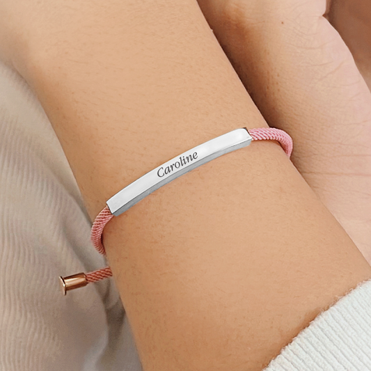 Promesse Personalized Engraved Name Bracelet in Silver Finish & Rose Thread Cord - Roro