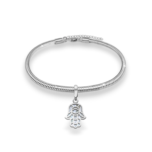 Hamza Hand Mother-of-pearl Charm Bracelet in Silver